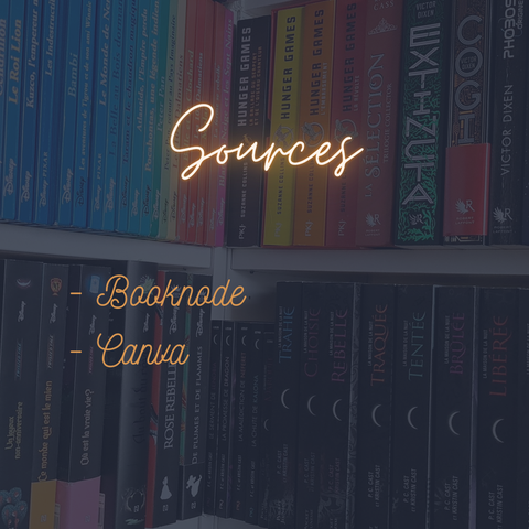 En fond, la photo d'une bibliothèque remplie de livres Disney et de sagas Young Adult, un filtre bleu est appliqué dessus. Le titre indique : Sources. En dessous, sont listés Booknode et Canva.
