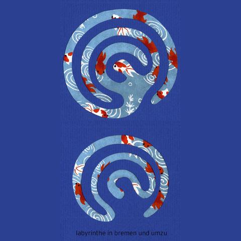 Labyrinth und Ariadnefaden in den Farben blau, rot und weiß auf dunkelblau