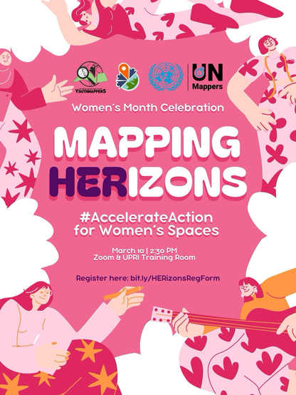 Pink poster for Mapping HERizons: #accelerateaction for women’s spaces