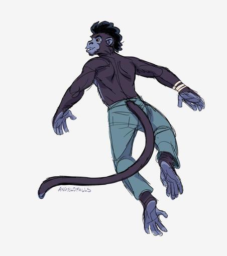 A colored sketch drawing of a shirtless anthro spider monkey wearing jeans, leaping in mid air while looking back at the viewer.