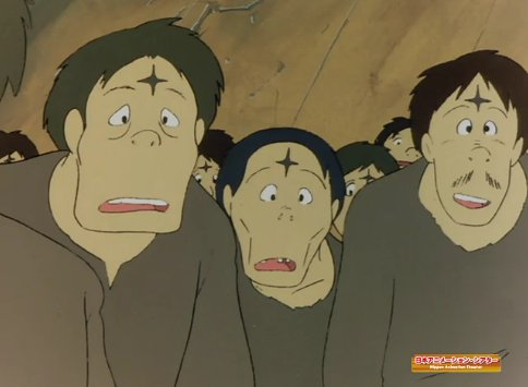 未来少年コナンで、地下に住む奴隷たちが額に十字の刻印をされている。その顔。