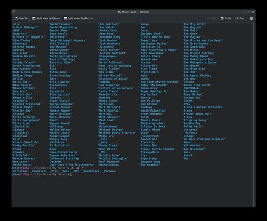 Terminal Window (Konsole) in Linux showing 5 columns of Directories containing Digital Music.