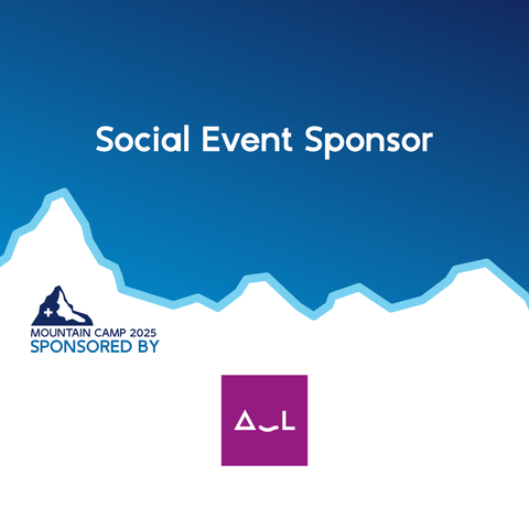Blue gradient promotional graphic for Mountain Camp 2025 with the text ‘Social Event Sponsor’ above a stylized mountain outline, the words ‘Sponsored by’ near a small Swiss mountain icon, and the Amazee Labs logo at the bottom.