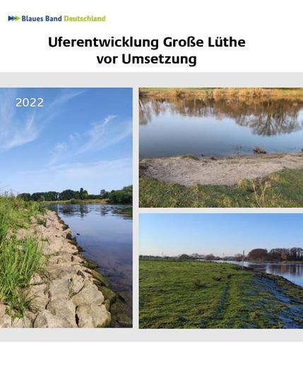 Bilderserie: Uferentwicklung Große Lüthe vor der Umsetzung, 2022. links: Das Ufer ist mit Wasserbausteinen bedeckt. rechts: zwei weitere Ansichten des Ufers.