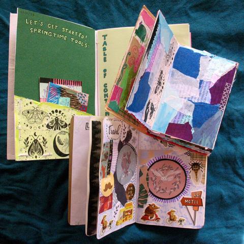 Three artjournals opened revealing clourful collages with stickers, layers of papers and washi tape.