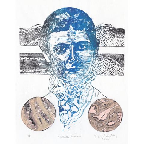My linocut portrait of geologist Florence Bascom as a young woman from neck up, in blue, looking at the viewer with her curly hair pulled back wearing a blouse with large lace collar on green vinyl. Behind her are two geological cross-sections with layers carved with different patterns to indicate different rock materials in black. Below on either side are two circular diagrams: these are thin sections of rhyolite printed in pale beige, brown, and black.