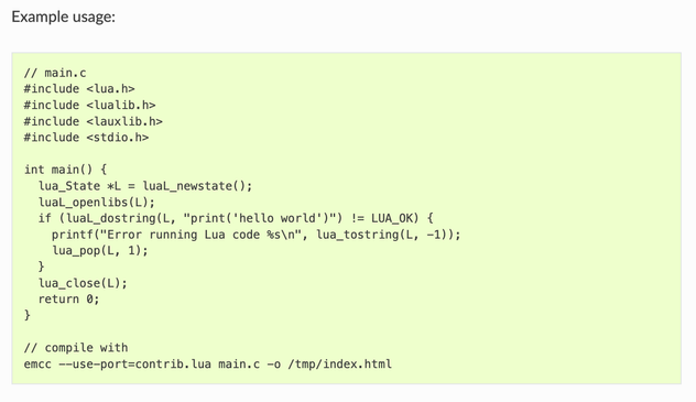 A screenshot showing an example usage of Lua with Emscripten