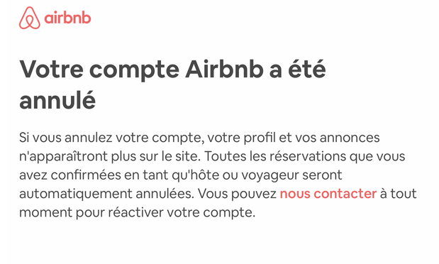 Capture d’écran de la fermeture de notre compte Airbnb