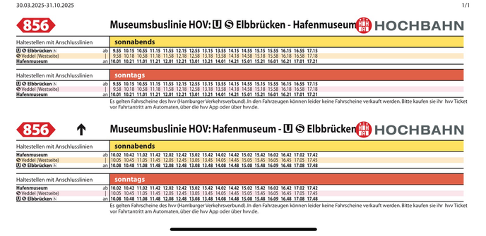 D er Fahrplan der Museumsbuslinie 856 ab Elbbrücken zum Hafenmuseum und damit der PEKING vom 30. März bis 31. Oktober 2025