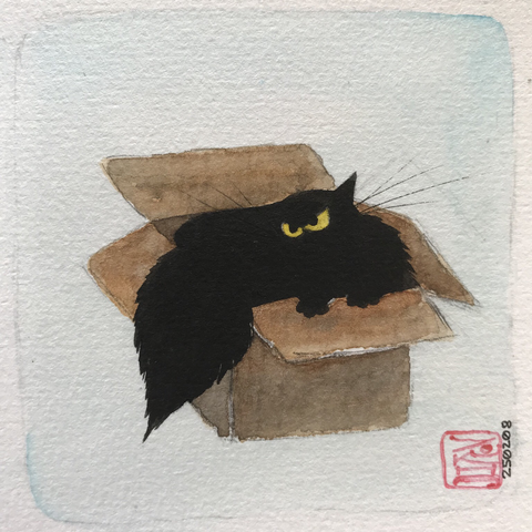 Watercolor illustration of a black funny angry black cat in a box