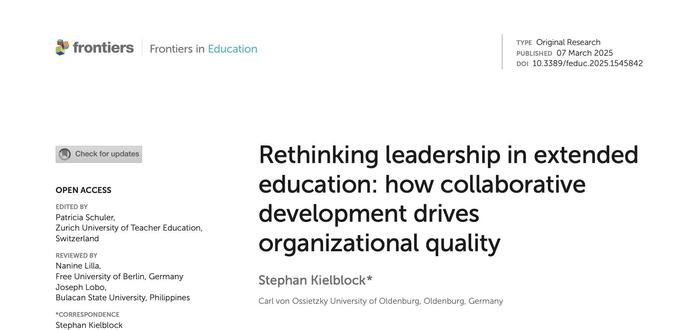 Das Bild zeigt einen Screenshot des Beitrags. Im Vordergrund sieht man den Titel des Beitrags, nämlich "Rethinking leadership in extended education" und den Namen des Autors Stephan Kielblock.