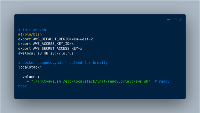 two files. The first file is the init script that setup the AWS environment and create an S3 bucket called lolrus. The second file is a partial docker compose that shows the volume mapping for the init script.