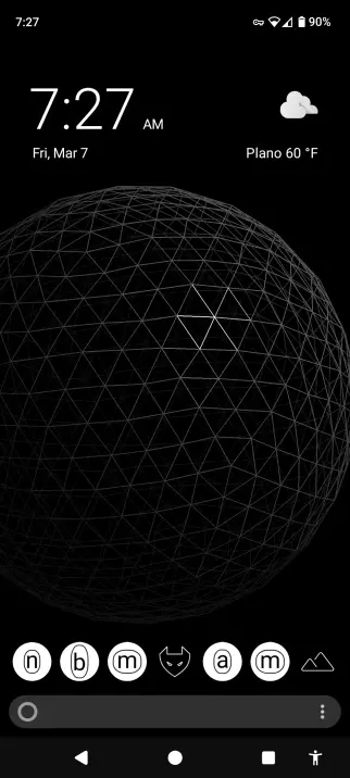 Grayscale KISS launcher with XScreensaver background
Just a time/weather widget, six quick-launch icons (four of which are app groups), and a search bar