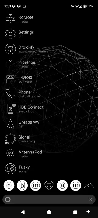 Similar as before, but showing the recent and frequently used apps: 
RoMote
Settings
Droid-ify
PipePipe
F-Droid
Phone
KDE Connect
GMaps WV
Signal
AntennaPod
Tusky