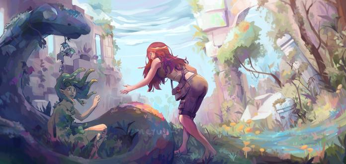 We can see a human who's trying to help a medusa to get up. Medusa seems to be afraid and she sitting at the center of a big statue of a blue snake. Colors are so bright , the sky is blue and we can feel spring. At the background we can see ruined buildings.