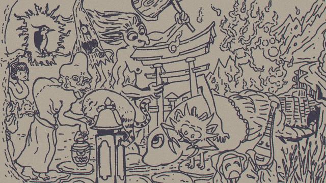 A collaboratively drawn ensemble digital ink drawing featuring a whole host of yokai from Japanese folklore! There's one giant "monk" with a mallet, there's this kingfisher on fire roosting on a tree, "slowbro" with soulful eyes, a sassy crab-oni, a cat that looks even more loaflike than usual, and many more quirky characters!