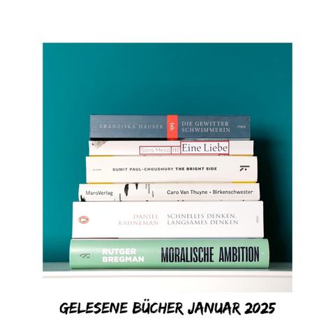 Auf dem Foto sind sechs Bücher aufeinandergestapelt vor einer dunkelgrünen Wand fotografiert. Die Bücher werden in der Caption noch näher benannt.