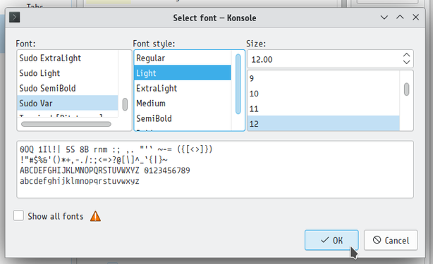 The font selection in KDE Konsole, with the Light style selected the descenders are shorter than in the Regular weight