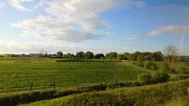 Depuis le train, nous avons contemplé la beauté de la campagne : champs, granges, fermes. Trajet en train Via Rail, route entre Montréal et Québec.
© 2025, Chartrand Saint-Louis, photographie