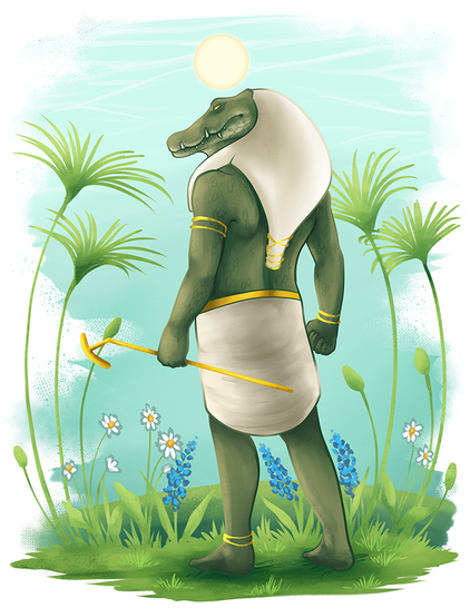 crocodile headed god stands among greenery.