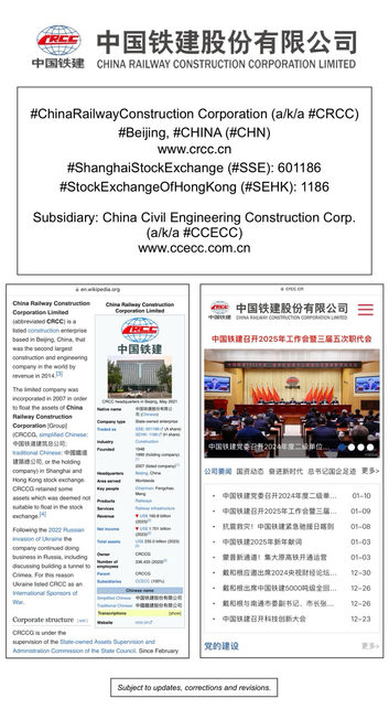 Wikipedia article and company website information for China Railway Construction Corporation (Beijing, China).
