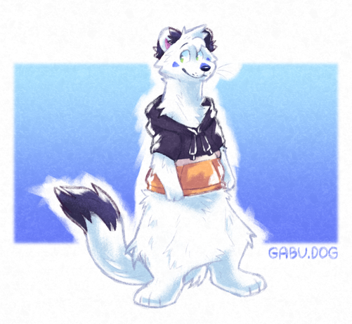 Art of Gabu as a white stoat with a dark blue tail tip and dark blue ears, wearing its black-white-yellow hoodie
