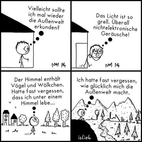 Krakel-Comic. Eine Figur im Haus überlegt: „Vielleicht sollte ich mal wieder die Außenwelt erkunden?“ Er geht raus und denkt stöhnend: „Das Licht ist so grell. Überall nichtelektronische Geräusche!“ Während er an Bäumen und Häusern vorbeiläuft, stellt er fest: „Der Himmel enthält Vögel und Wölkchen. Hatte fast vergessen, dass ich unter einem Himmel lebe...“ Er schlendert soweit durchs Land, bis er auf einer Kuppel sitzt. Er schaut ins schöne Tal und denkt sich: „Ich hatte fast vergessen, wie glücklich mich die Außenwelt macht.“ | Bildbeschreibung von @DasTuermchen
