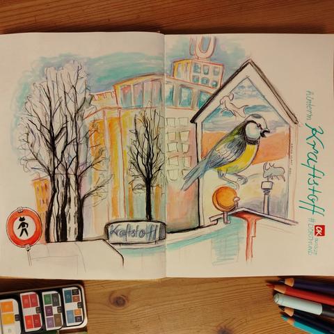 Doppelseite im Skizzenbuch mit Blick auf das 'Kraftstoff', die Hauswand mit gemalter Blaumeise und das U im Hintergrund.