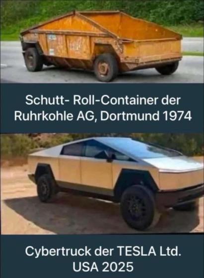 Bildvergleich Schutt-Roll-Container, Tesla Cybertruck