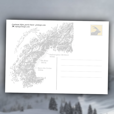 Verso de la carte postale qui représente l'arc alpin, du Sud jusqu'à l'Autriche, avec un niveau de la mer à 1000 mètres au-dessus du niveau réel.