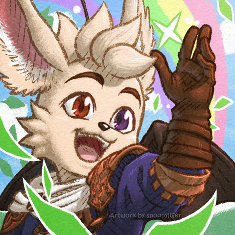 Digitally-handmade bust artwork of an original character based on Ivalice Moogles, with its head turned towards the right side of the image at a 3/4 angle, looking slightly upwards with a wide-eyed, joyful expression, and its hand raised at head level as blades of grass are blown around and a rainbow arcs over in the sky above.