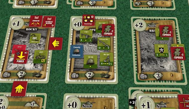 Tight Fields of Fire screenshot from tabletop simulator. Screenshot is of a central card with the CO HQ, 1st Sargeant, and a variety of strong support units under a -5 "Incoming" marker. A variety of other cards surround the central card with some fighting with a stray NKPA squad.