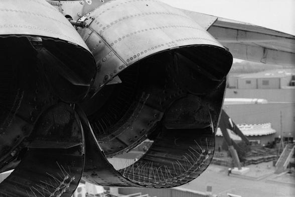 Detail view into the right-hand side Rolls-Royce Olympus 593 jet engines mounted on Concorde 207 (F-BVFB) that's on display in Sinsheim