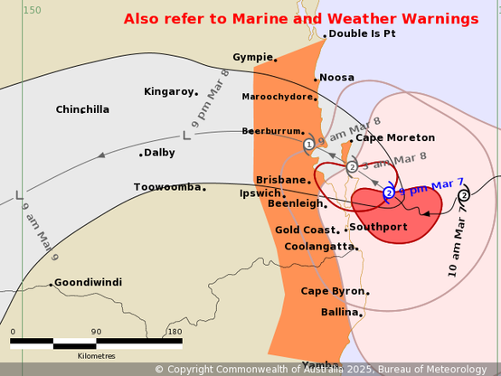 BoM Cyclone warning map, showing landfall at 8am around Caboolture (about an hours drive NE of me).