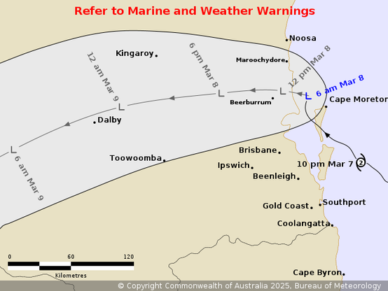 Another BoM map, this time showing a tropical low instead of a cyclone, which has turned north up the coast, likely to come inland around the middle of the Sunshine Coast.