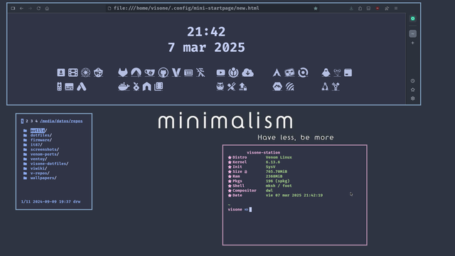 The image shows a venomlinux  desktop of the wayland dwl compositor showing on the upper side a librewolf window with a custom startpate, on the bottom left, a window with the nnn file manager showing some repos, on the bottom right a foot terminal showing a custom fetch script