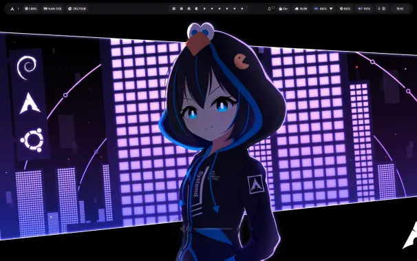 Lo mismo pero solo viendose la barra y el fondo que es una chica tipo anime que representa a la distribucion que uso que es Arch