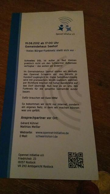 Ein Flyer der Opennet-Initiative von 2012. Es wird ein Infotreffen in Seehof beworben