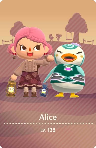 My Animal Crossing Pocket Camp card has a brown shaded background. In the foreground are two figures. One is me, a white girl with pink hair gathered into two buns, wearing a frilly beige blouse with a brown rose patterned skirt and brown boots. The other is Sprinkle, an adorable teal colored penguin with perfect eyeliner and a jewel toned shirt. We’re both holding lanterns that are lit with warm yellow light.