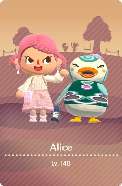This Animal Crossing Pocket Camp card also has a brown shaded background and the same two figures. One is me, a white girl with pink hair gathered into two buns, wearing a frilly white blouse with a pink rose patterned skirt and pink boots. The other is Sprinkle, the adorable teal colored penguin with perfect eyeliner and a jewel toned shirt. She’s still holding a lantern, but I’m holding a yummy pink iced drink.