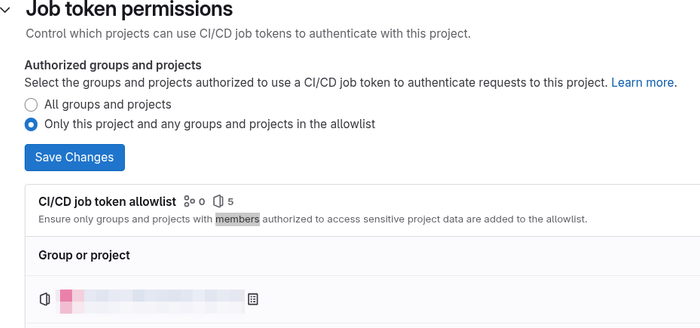 Screenshot of the Gitlab UI. 
Addoing Job token  permissions for a CI job to access another project artifacts.