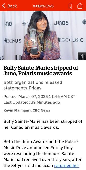 Alt-text:
A mobile CBC News article about Buffy Sainte-Marie being stripped of Canadian music awards, with an image of her holding an award.