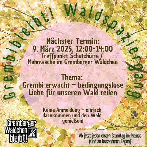 Grembi bleibt! Waldspaziergang

Nächster Termin
09.03, 12:00-14:00
Treffpunkt Schutzhütte Mahnwache im Gremberger Wäldchen