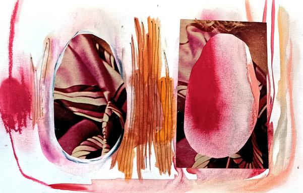 Collage con un estilo abstracto y deconstructivo. Se compone de dos elementos recortados con formas ovaladas irregulares, pegados sobre un fondo de papel blanco con trazos de pintura roja y naranja.