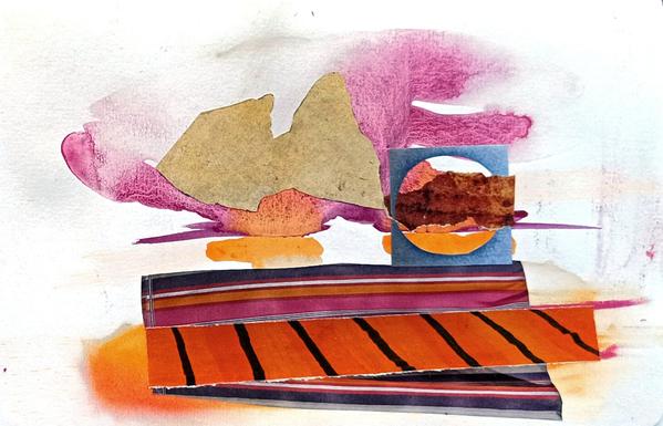 Collage abstracto con recortes de papel y manchas de acuarela en tonos rosa, naranja, azul y marrón, sobre fondo blanco texturizado.