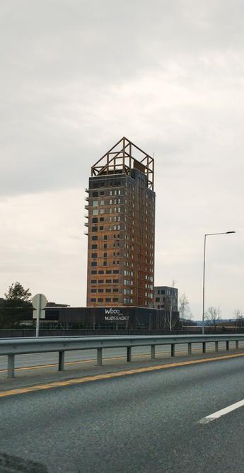 Photo of the Wood Hotel in Norway, seen from the street nearby.