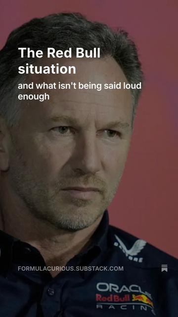 Christian Horner frowning in front of a pink background wearing his team shirt. The image is overlayed with the article title "The Red Bull Situation, and what isn't being said loud enough."
