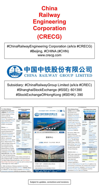 Wikipedia article and company website information for China Railway Engineering Corporation (Beijing, China).