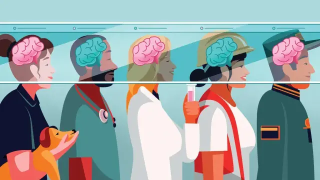 A colorful illustration of different people of different genders, ages, and races in different professions, showing their brains as blue or pink, by Jack Hudson