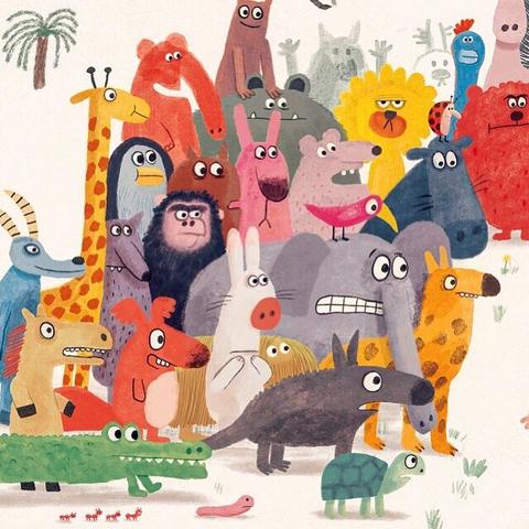 Les animaux lorsqu’ils découvrent la nouvelle « bête » créée par le Dabba d’en haut et le Dabba d’en bas: l’humain (illustration du livre « une drôle de bête »)
